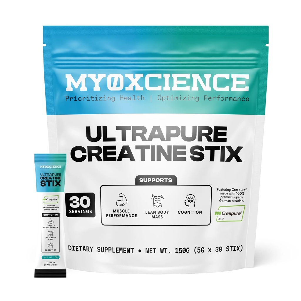 MYOXCIENCE Creapure® Creatine Stix | 5 Gramm Deutsches Kreatin Monohydrat pro Stick Pack | Unterstützt Muskelleistung, Lean Body Maß, & Cognition | 30 Single Serve Stix