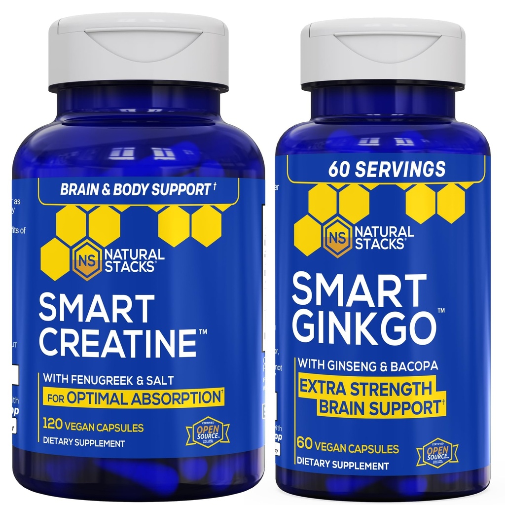 NATURAL STACKS Ginkgo Biloba + Kreatin Monohydrat Bundle - Advanced Absorption Formula* - Extra Strength Brain Support* - 180 Gesamtkapseln