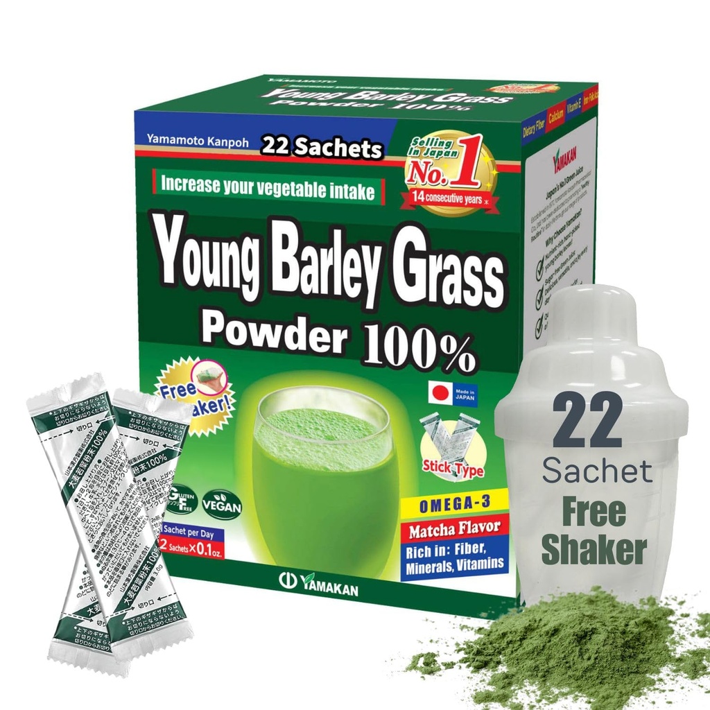 Yamamoto Kanpoh YAMAKAN Barley Grass Juice Powder, Young Barley Grass Powder Rich in Minerals, Vitamine & Pflanzenbasiertes Protein für Frauen & Männer, Grass Juice aus Japan, Non GMO 22 Count