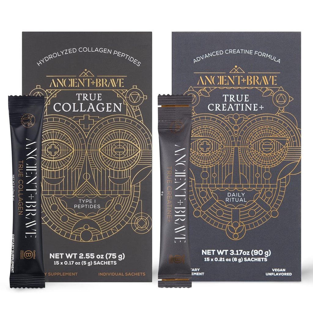 Antike + Brave True Collagen & True Creatine Packets - Premium Collagen Peptide + Advanced Creatine Formula Sachets (15 von jedem) - Unterstützt Haut, Haare, Gelenke, Stärke & Erholung + - 5g x 30 Count