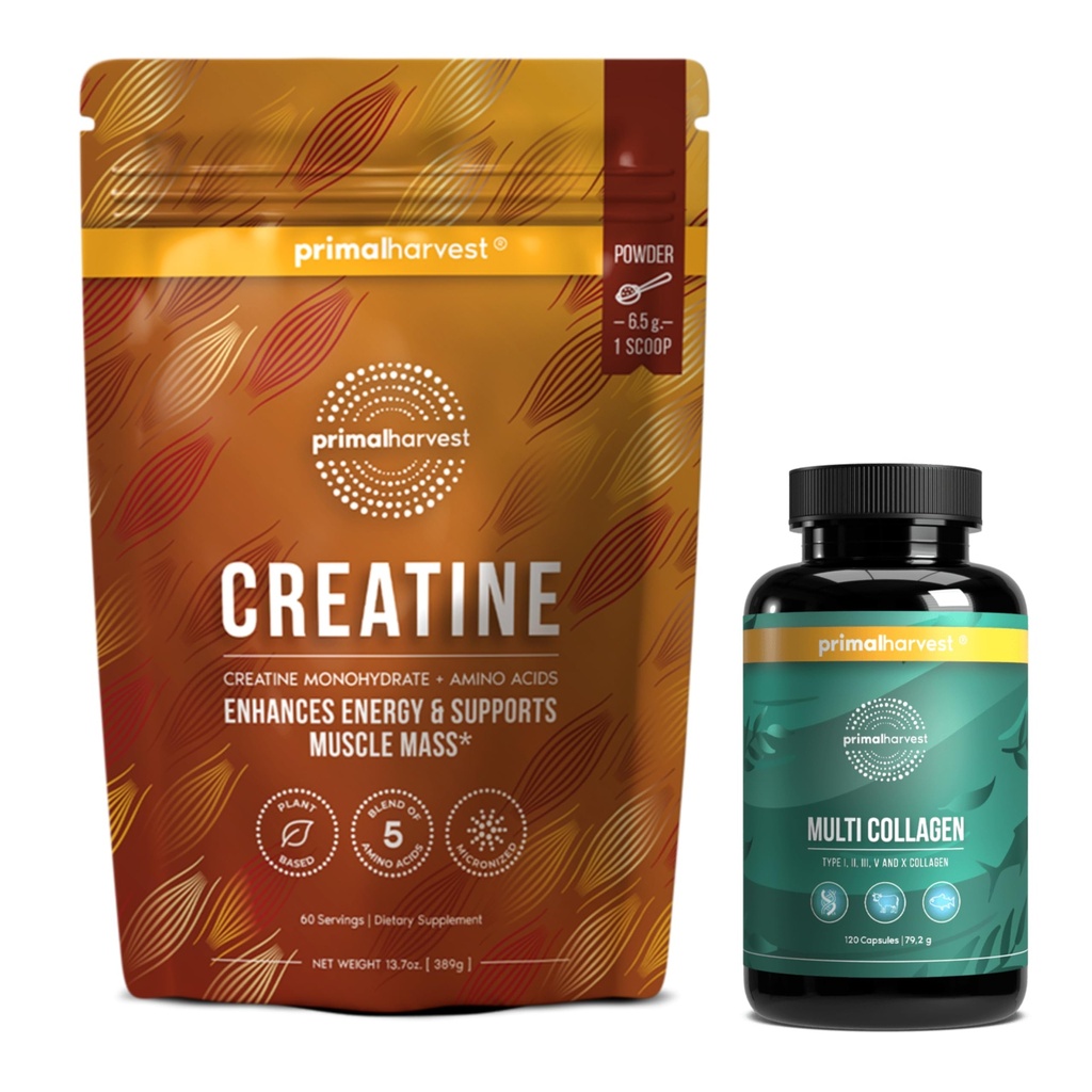 Primal Creatine Pulver + Primal Multi Collagen Kapseln Bundle | 2-Pack | Unterstützung Stärke, Erholung, Gelenk & Haut Gesundheit | 30 Servierungen Jede