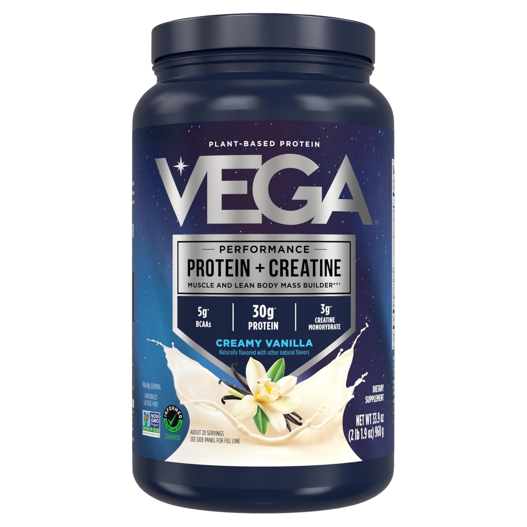 Protéines Vega + Créatine - 30g Protéines végétales, Vanille, 20 portions, 3g Créatine, 5g BCAAs, Vegan, Keto, Sans gluten, Sans lait, Sans glucides, pour la croissance et la réparation musculaires, Mélange de boissons, 33.9oz