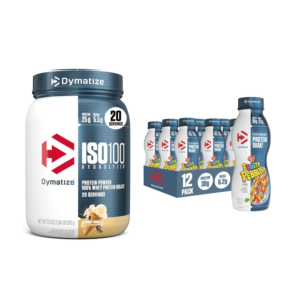 Ensemble de Dymatize Performance Protein Shake, Fruity Pebbles (12 pack) + ISO100 Whey Protein Powder Isolate, Vanille Gourmet (20 portions)