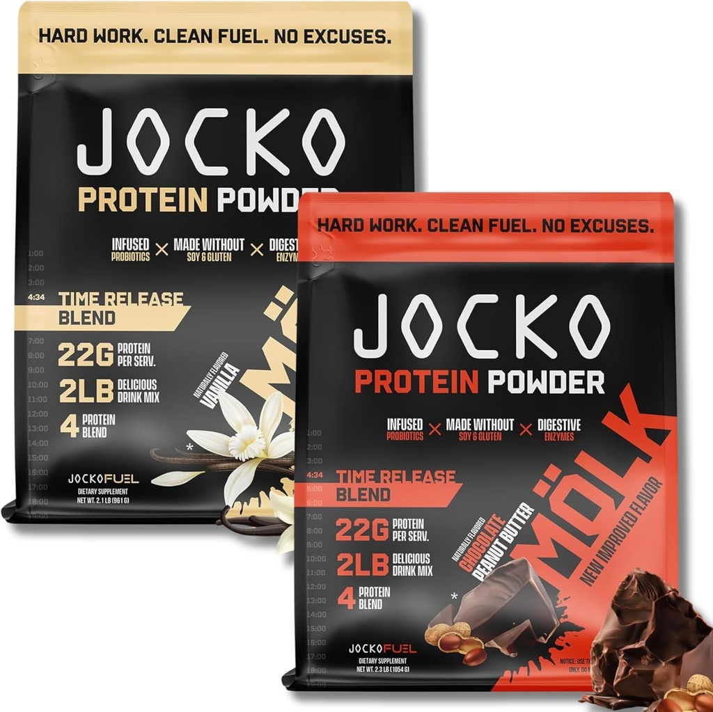 Jocko Fuel Protein Bundle (2 Pack) - Burro di arachidi al cioccolato (2lb) + Vanilla (2lb) - Supporta il recupero muscolare e la crescita