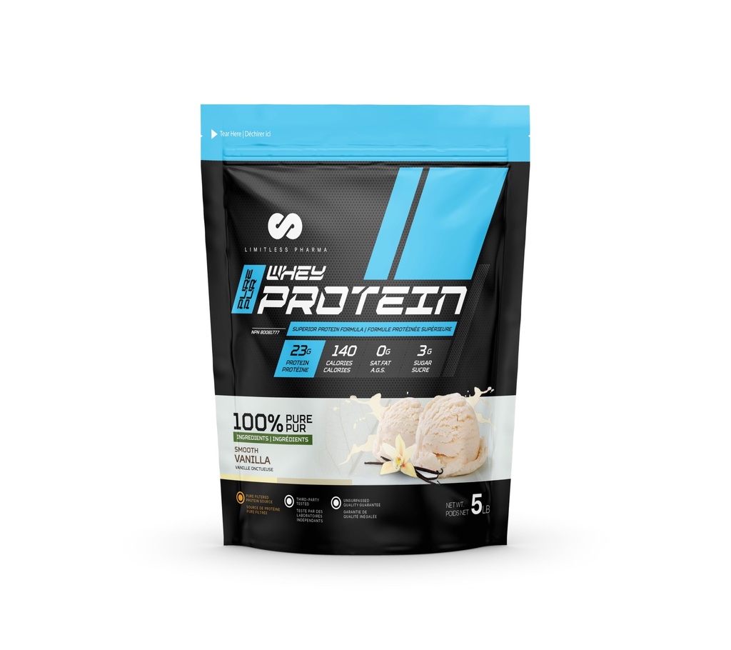Pharma sans limite Protéine pure de lactosérum à haute teneur en protéines Poudre concentrée de lactosérum 23g Protéines, 6g BCAA, sans gluten, faible teneur en sucre, faible teneur en glucides, faible teneur en lactosérum 65 portions, 5LB (vanille lisse)