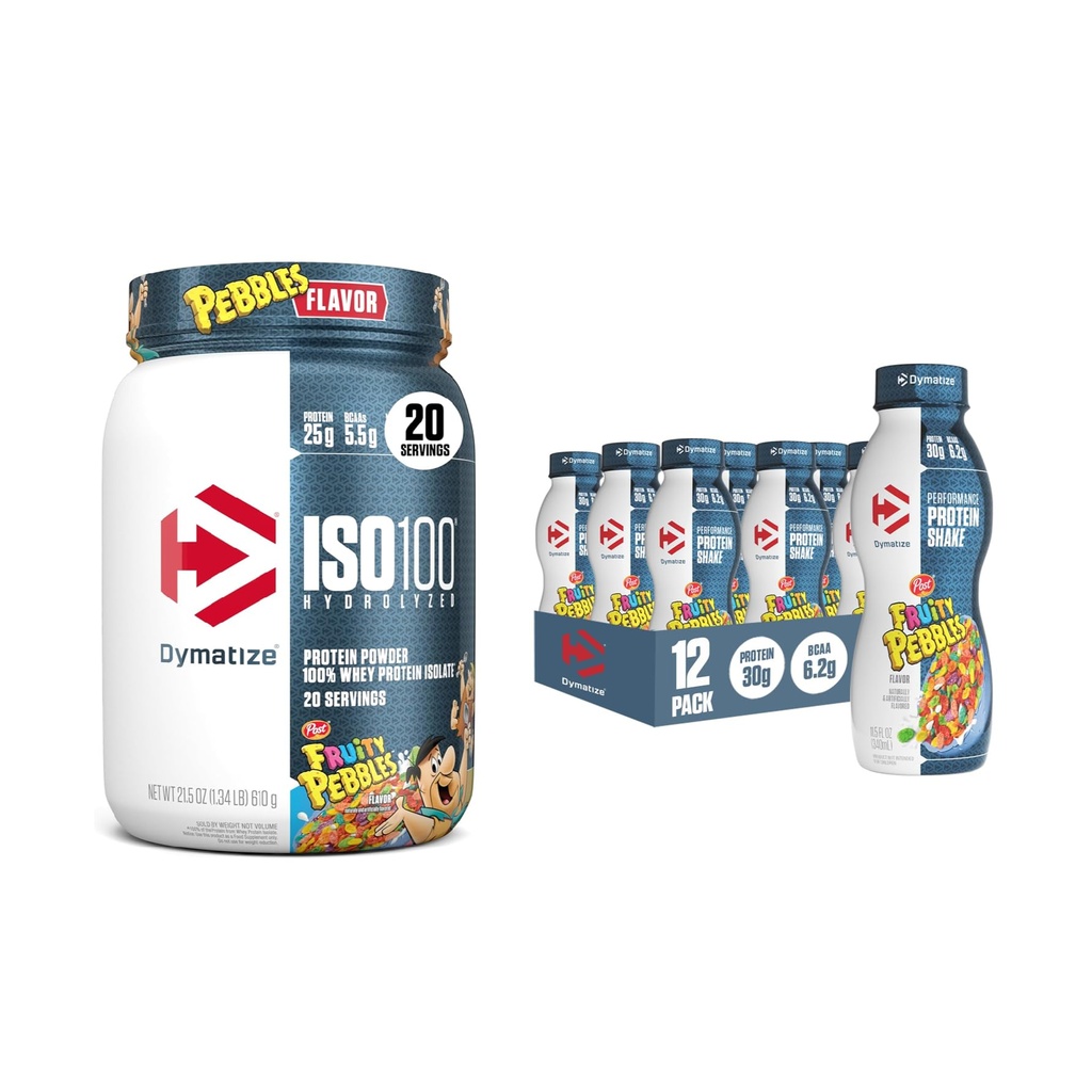 Bundle di Dymatize Performance Protein Shake, Ciottoli Fruttati (12 confezione) + ISO100 Whey Protein Powder Isolate, Ciottoli Frutti (20 Serve)