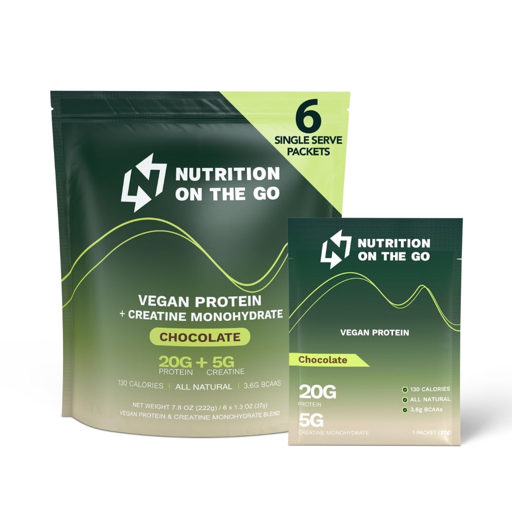 Ernährung auf den Go Vegan Protein Pulver-Packets mit Kreatin – 20g Pflanzenproteine + 5g Kreatin – Einweg-Reise-Pulver – All-Natural, Glutenfrei – Schokolade – (6-Pack)