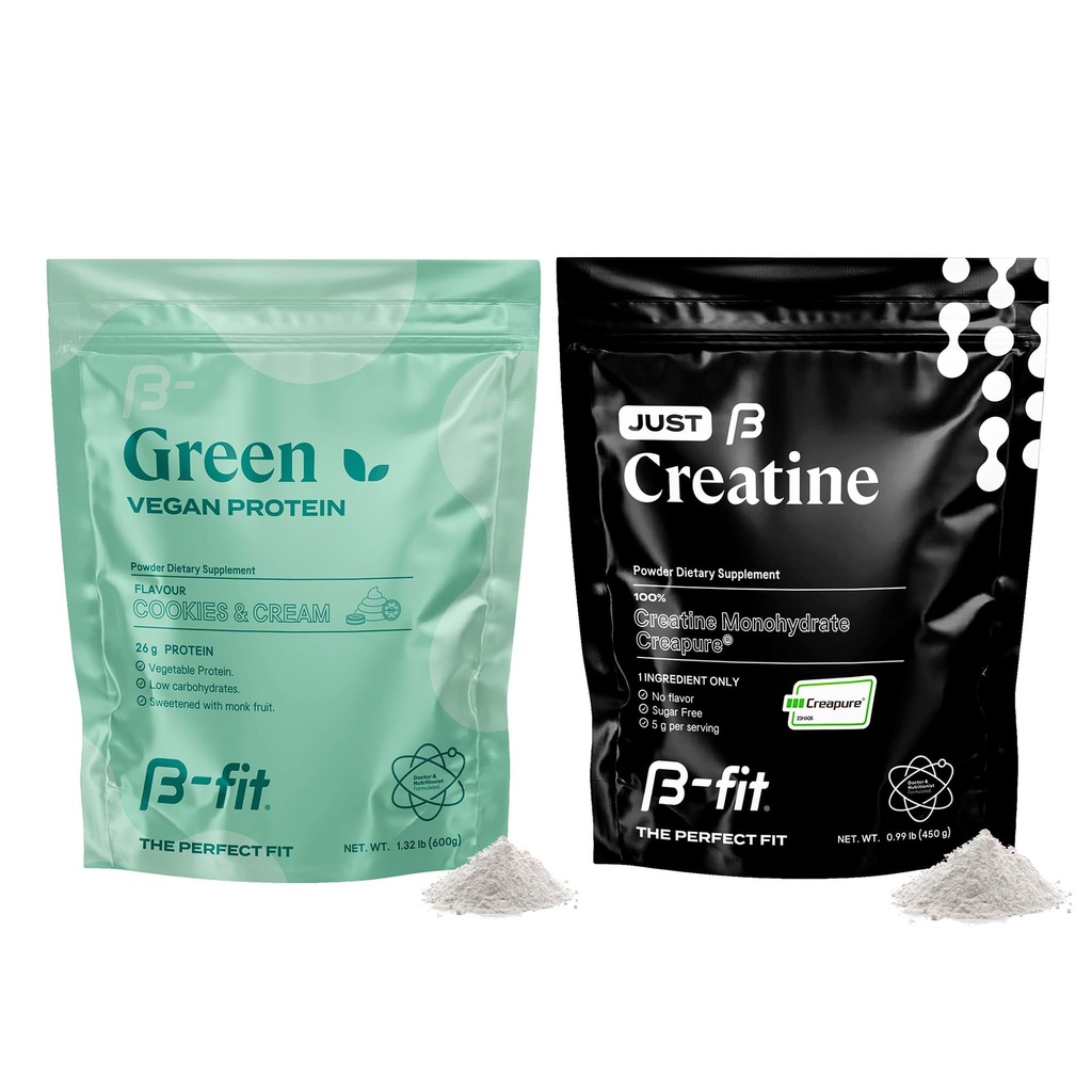 B-FIT B Protéines végétales + juste de la créatine - Poudre de protéines de pois 600g - Secouement de protéines à base végétale - Poudre monohydratée de créatine - Creapure - 90 portions - 450 g