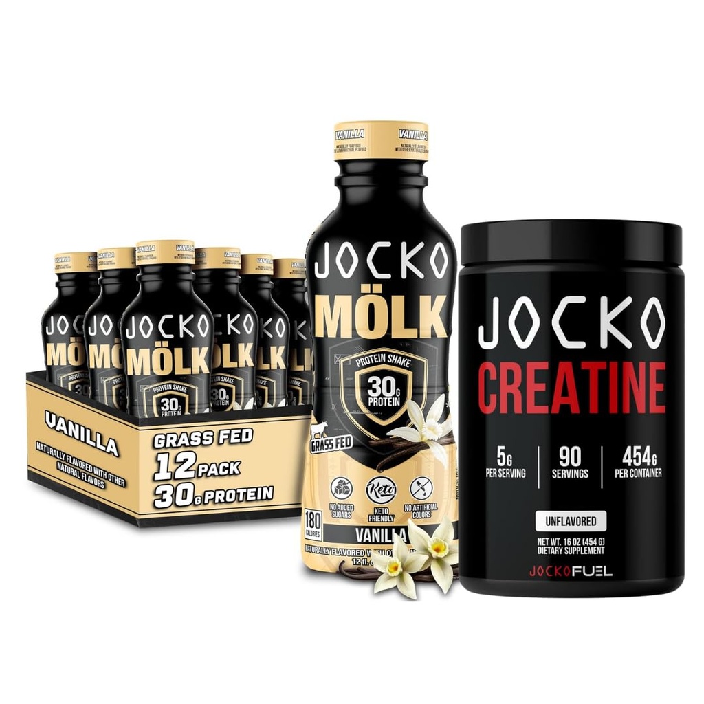 Jocko Mölk Grass Fed Protein Shakes - Pronti a Bere (Pack of 12) Vanilla + Jocko Creatine