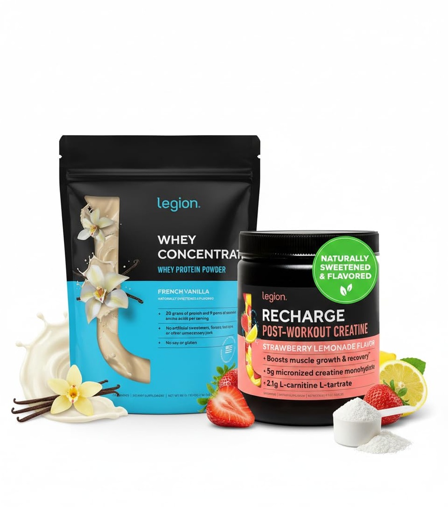 LEGION Post Workout Recovery Stack – Recharge Creatine Post Workout Drink (Strawberry Lemonade) + Whey Protein Powder (Vanilla) – Muscle Growth, Strength & Recovery Support – 30 Serve Ogni