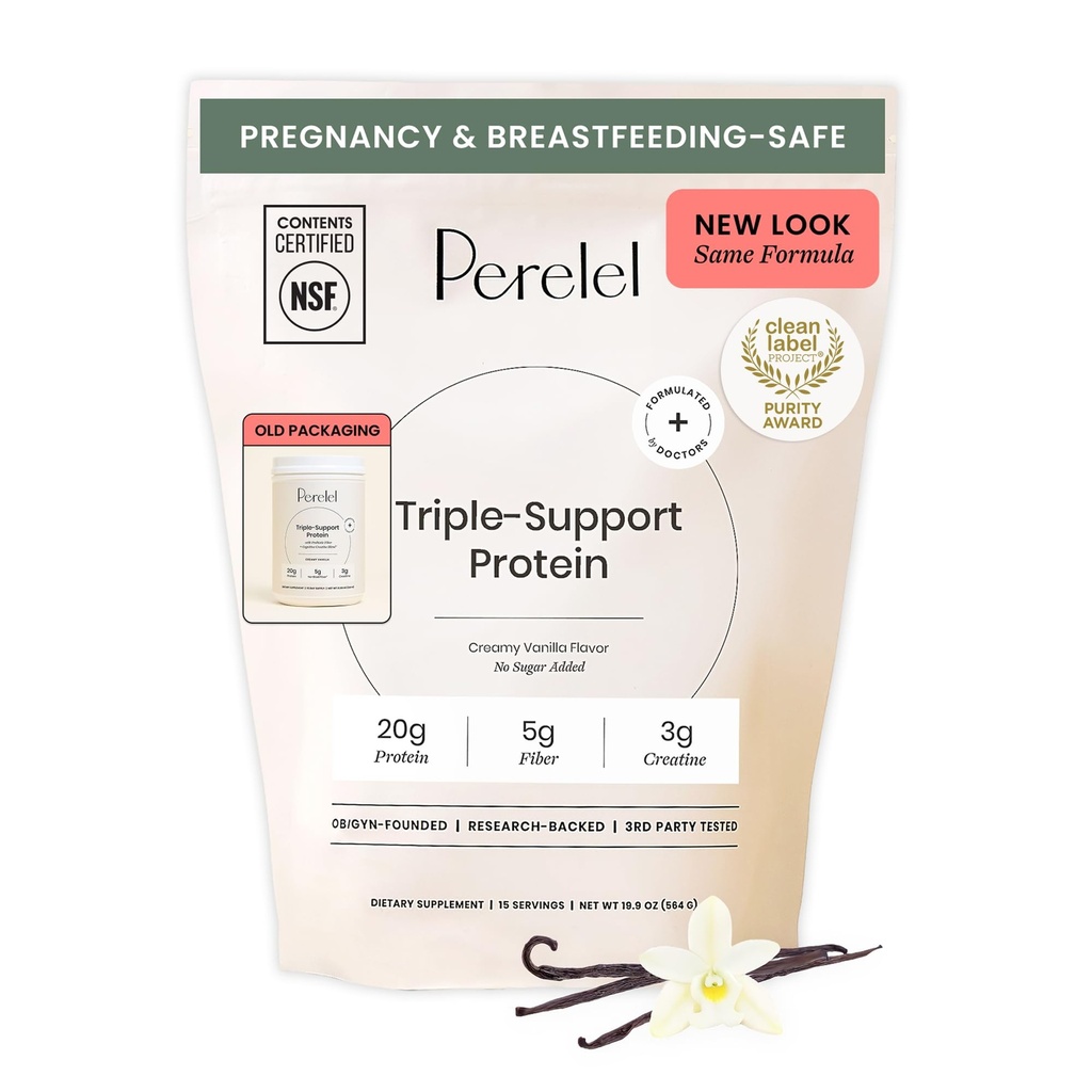 Perelel Triple-Support Pflanzenbasiertes Protein-Pulver, cremige Vanille, 20g Vegan Protein-Pulver, 3g Creatine Monohydrat, & 5g Prebiotic Fiber per Serving, Dairy Free, No Sugar Added, 15 Day Supply