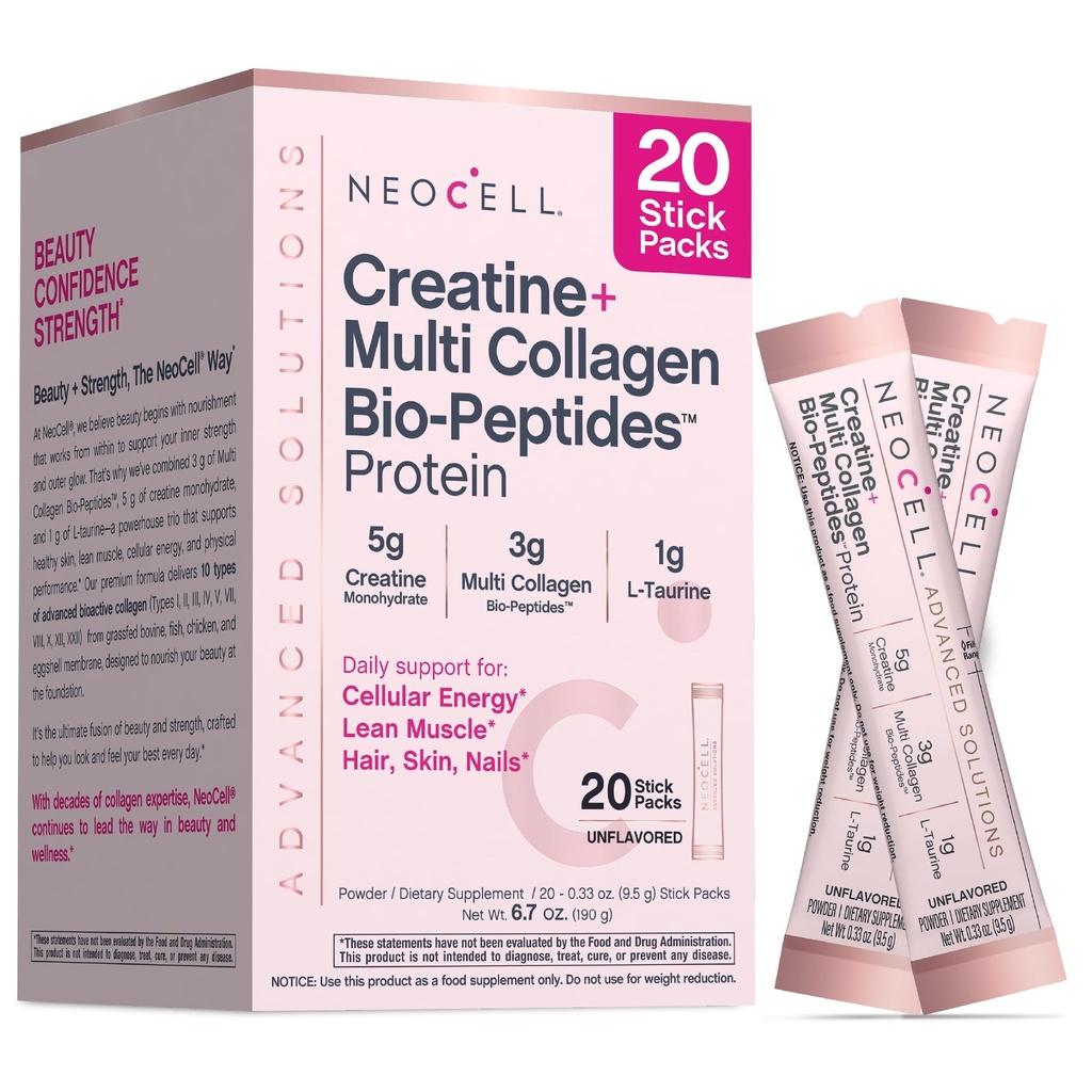 NeoCell Creatine Collagen Powder | 20 Stick Packs | con Multi Collagen Peptides | Plus L-Taurine | Supplemento Capelli, Pelle e Unghie