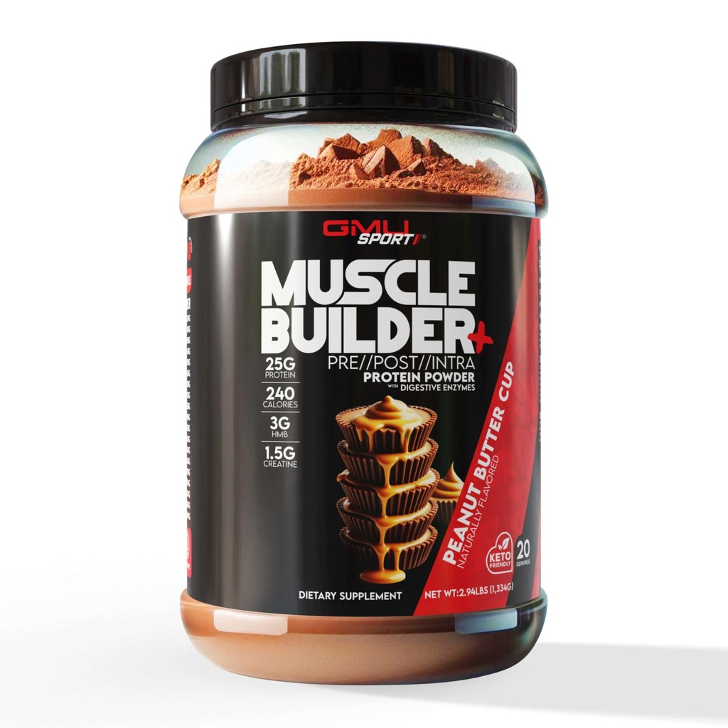 GMU SPORT – Muscle Builder+ Protein mit 3g Kreatin, 1,5g HMB, Collagen & Enzymes | 25g Protein, 28g Carbs, 240 Calories | Low Sugar Whey Protein for Strength, Recovery & Muscle Growth – 20 Servings