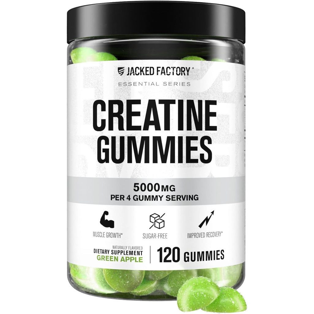 Jacked Factory Sugar Free Creatine Gummies - 5g Daily Dose (1.25g pro Gummy) - Creatine Gummy Sugar Free für Männer und Frauen, Vegan-Friendly, Third-Party Tested - 120 Gummies, Grüner Apfel