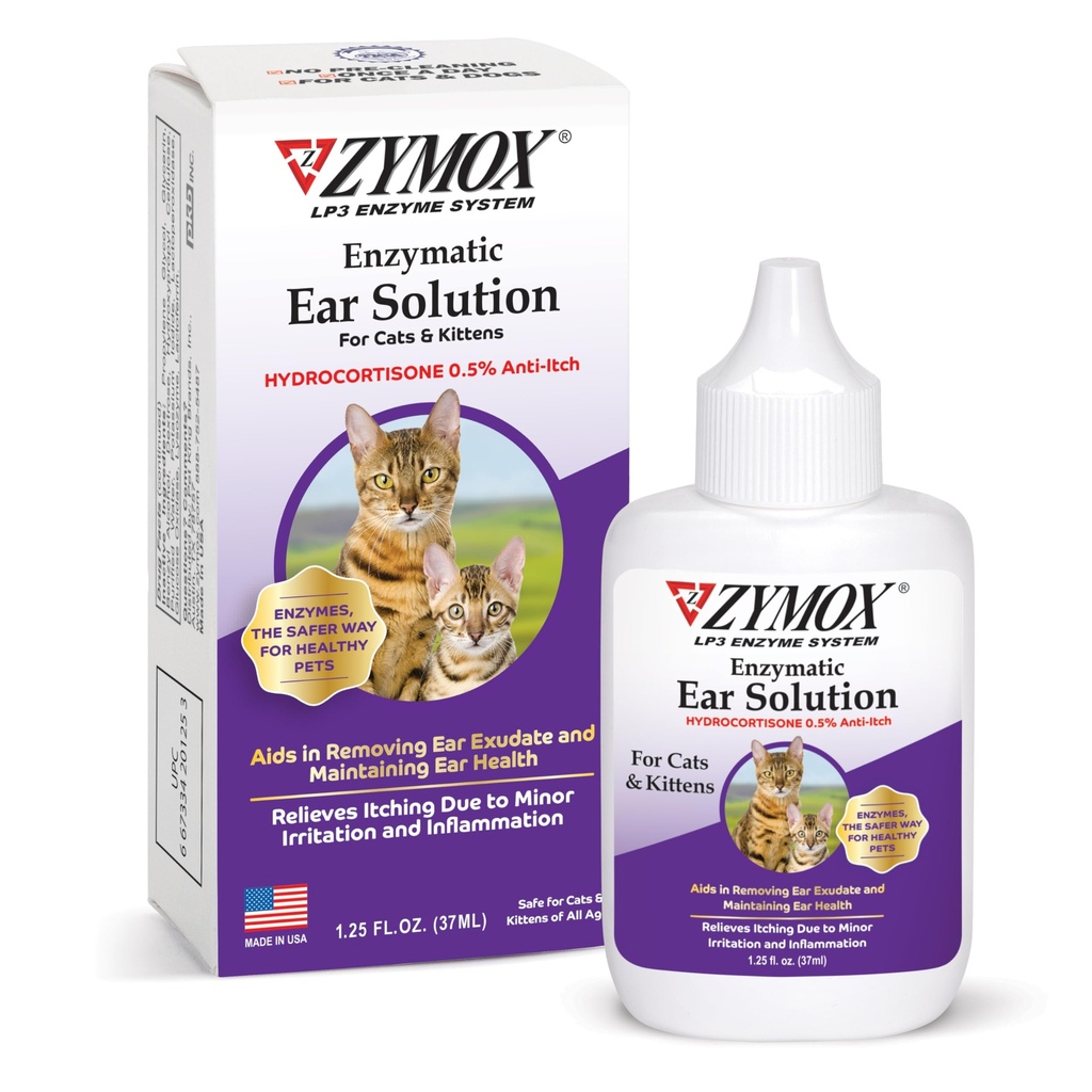 Zymox Enzymatic Ear Solution mit 0,5% Hydrocortison für Katzen & Kittens, 1,25 Unze – Saubere & Refreshes Ear Canal for Relief von Wax, Dirt Buildup, Itchiness, Irritation, Entzündung & Redness