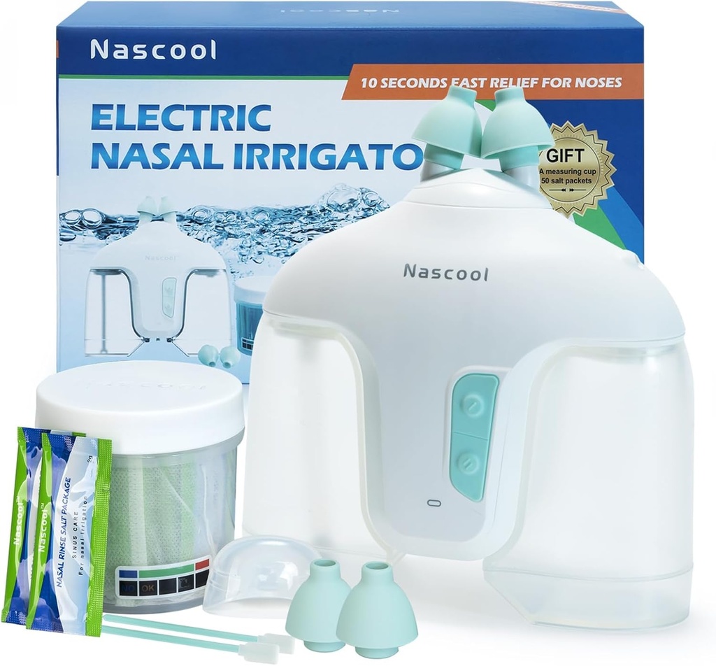 Electric Nasal Irrigation System with 50 Salt Packets, 2 Modes Nose Cleaner with SelfCleaning & Auto Waste Collection Function for Sinus Relief Runny Nose, Nasal Congestion, Itching Nose