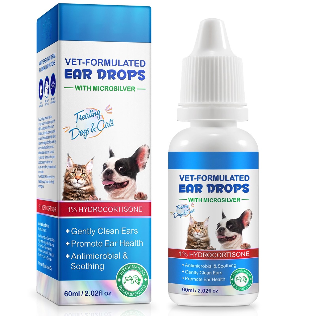 Ohr Infektion Behandlung Tropfen für Hunde und Katzen, mit 1% Hydrocortison beruhigende Hundehefe Infektion, juckende Ohr Relief-Treats Ohr Infektionen für Hunde & Katzen - 2 fl oz