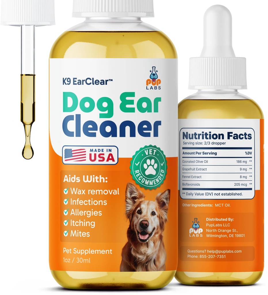 Pup Labs Oreille claire, nettoyant naturel d'oreille de chien et traitement d'infection pour chiens, gouttes de chien pour démangeaisons, irritation, et la cire de construction, 1 oz bouteille avec goutteau