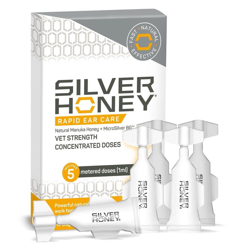 Absorbine Silver Honey Rapid Ear Care Vet Strength Doses concentrées, 5 gouttes d'oreille pour 10 jours sur 1 oreille pour chiens et chats, Manuka de qualité médicale Honey & MicroSilver BG