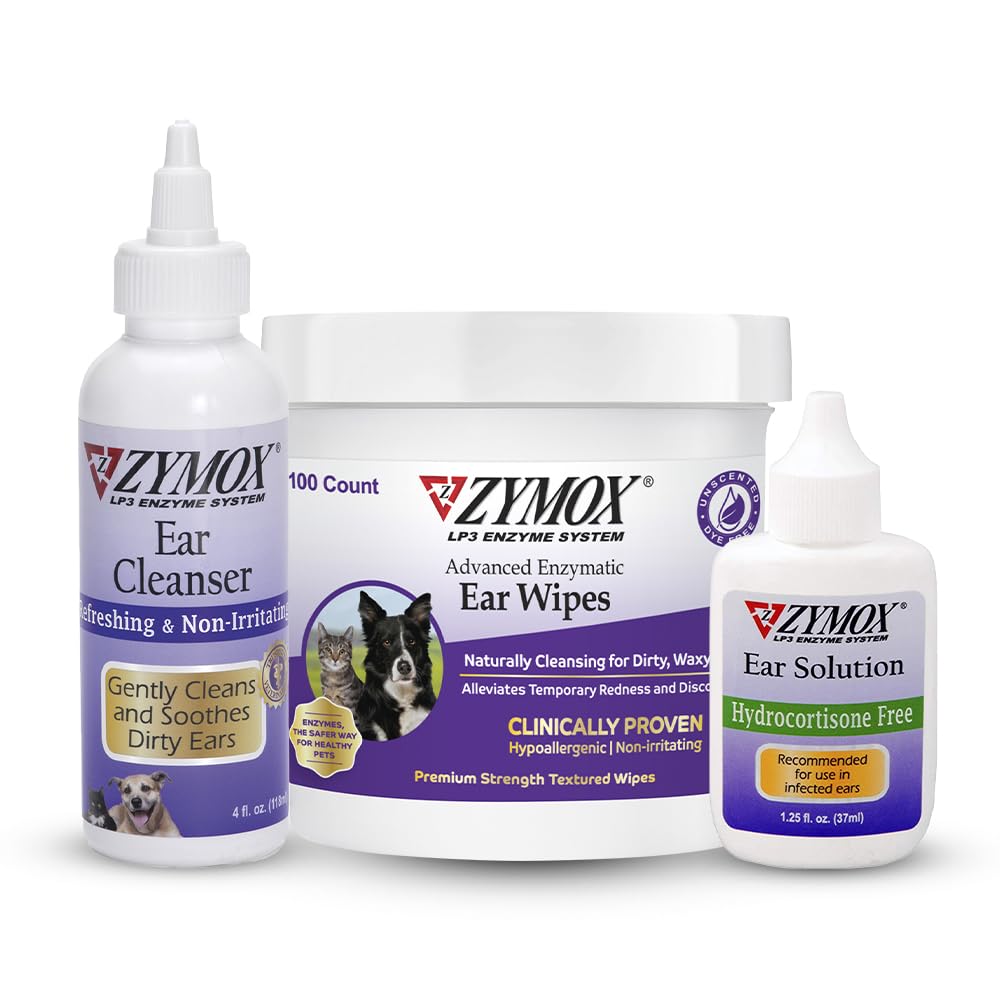 Zymox Enzymatic Ear Wipes, Ear Cleanser, & Ear Solution Without Hydrocortisone for Dogs and Cats - Prodotto Bundle - per Dirty, Waxy, Smelly Ears and to Soothe Ear Infections