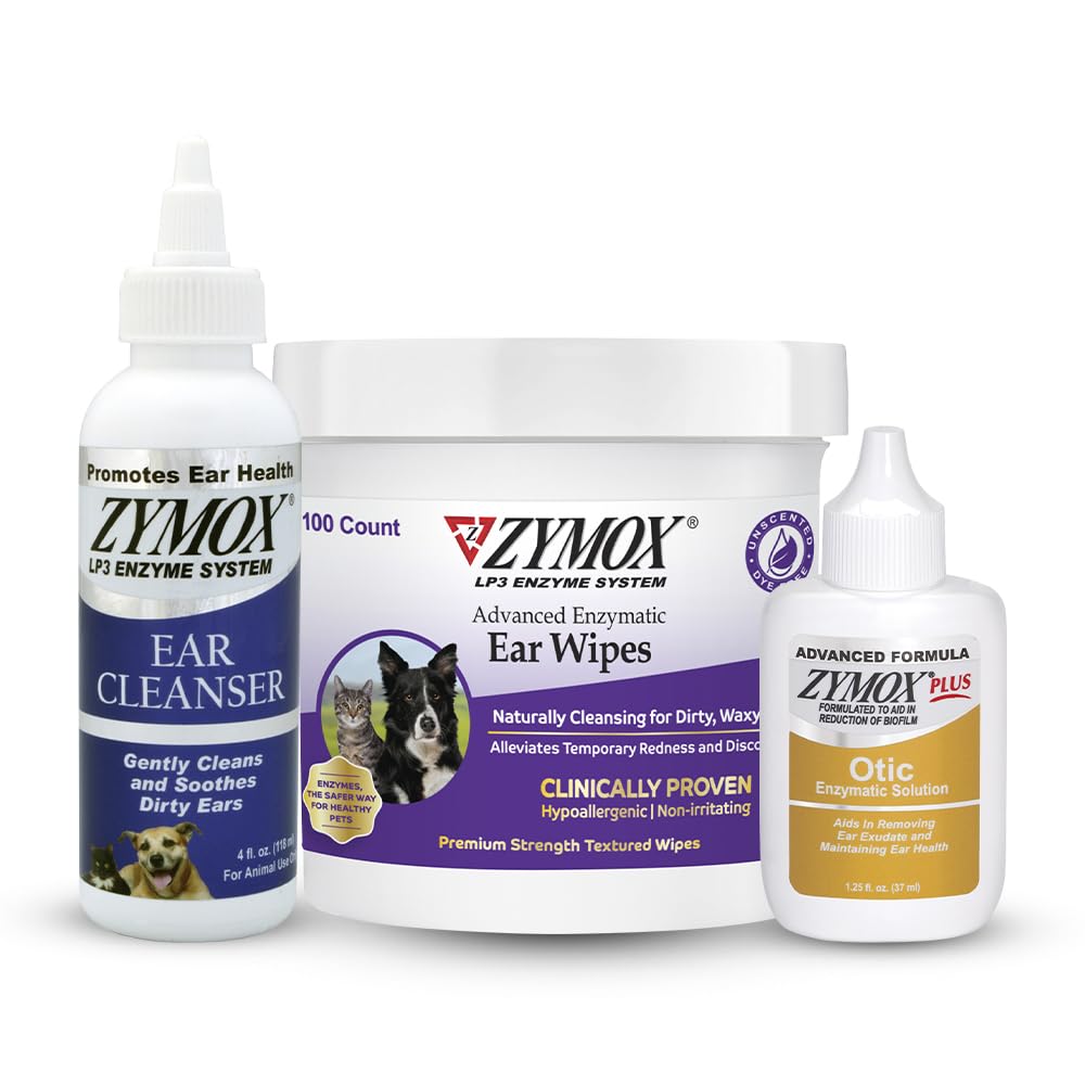 Zymox Enzymatic Ear Wipes, Ear Cleanser, & Otic Plus Ear Solution Hydrocortisone Free per cani e gatti - Prodotto Bundle - per Dirty, Waxy, Smelly Ears e Soothe Ear Infections