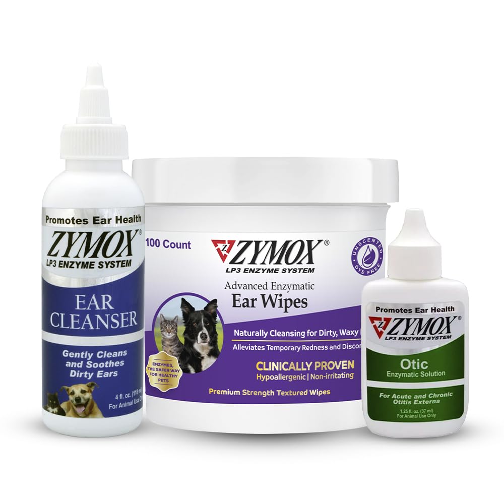 Pet KING BRAND ZYMOX Auricolare enzimatica, Ear Cleanser, & Otic Ear Solution for Dogs and Cats - Prodotto Bundle - per Dirty, Waxy, Smelly Ears and to Soothe Ear Infections, 100 ct, 4 oz e 1.25 oz