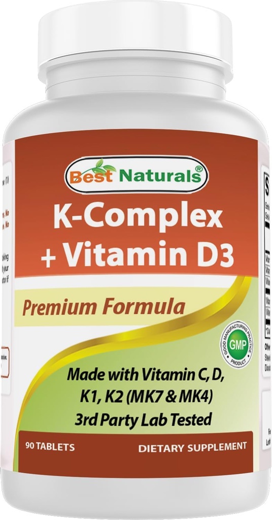 Best Naturals K-Complex mit K1 (Phytonadione 1500 mcg + K2 als Menaquinone 100 mcg + K2 als MK-4 1000 mcg) + D3 + VIT. C - 90 Tabletten - Made in the USA