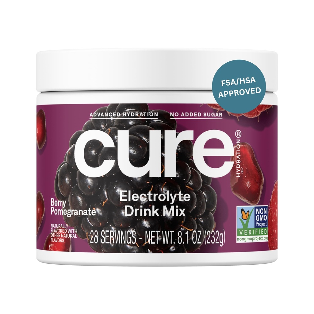 Idratazione di Cure | Miscela di bevanda elettrolita a base vegetale | Non Aggiunto Zucchero | FSA-HSA | Polvere di rilievo di disidratazione fatta con acqua di cocco | Non-GMO | Vegan | 28 Servings Jar - Berry Pomegranate
