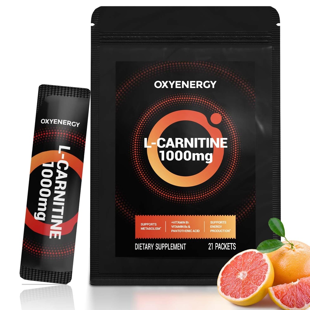 OxyEnergy Liquid L-Carnitina Supplemento 1000mg - Genere per uso quotidiano, Calorie zero, Senza zucchero, Grasso senza Stim-Free Burning & Endurance Booster, 21 On-the-Go singoli Stick liquidi