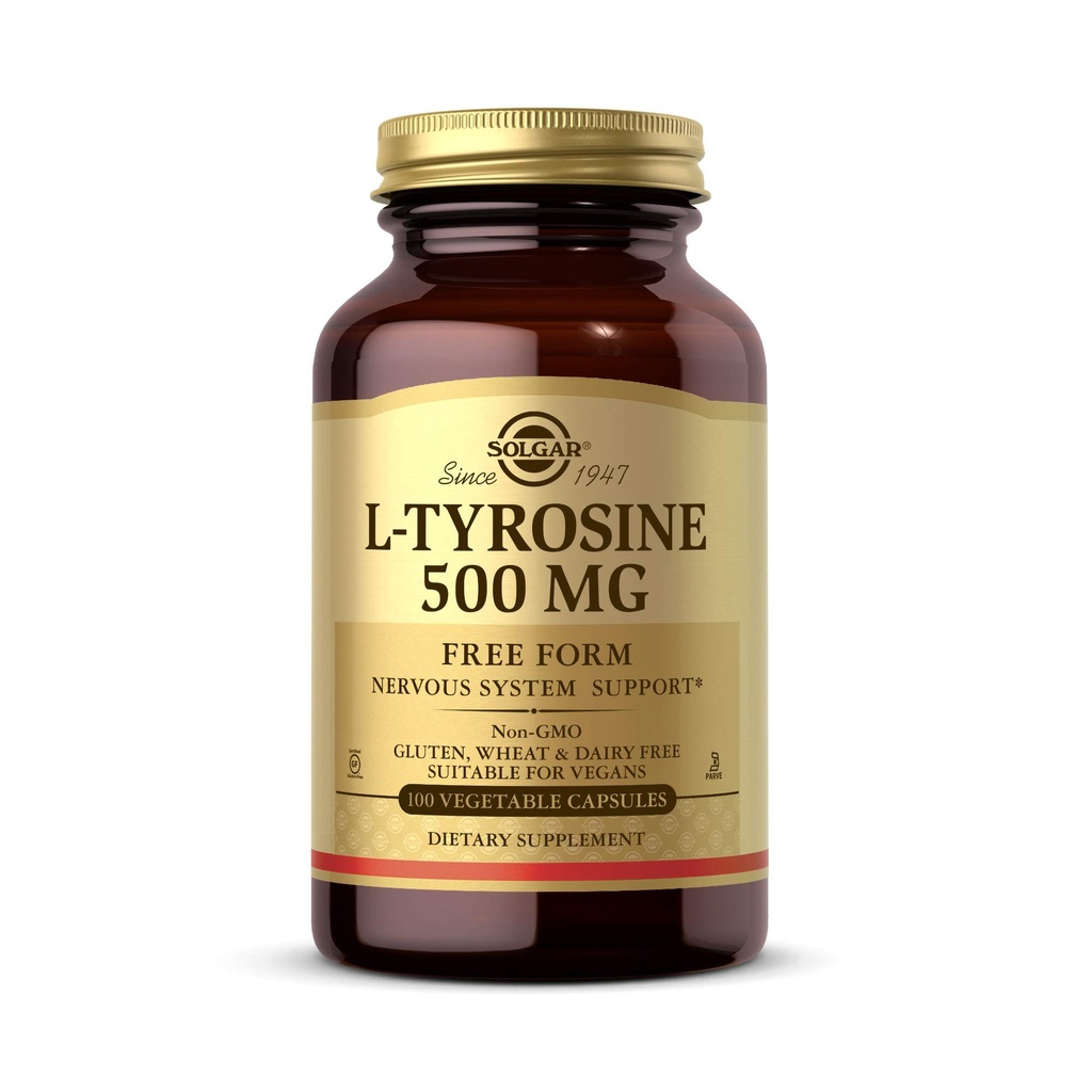 Solgar L-Tyrosine 500 mg, 100 Gemüsekapseln - Brain & Nervous System Support - Vegan, Glutenfrei, Dairy Free, Kosher - 100 Servierungen,Standardverpackung