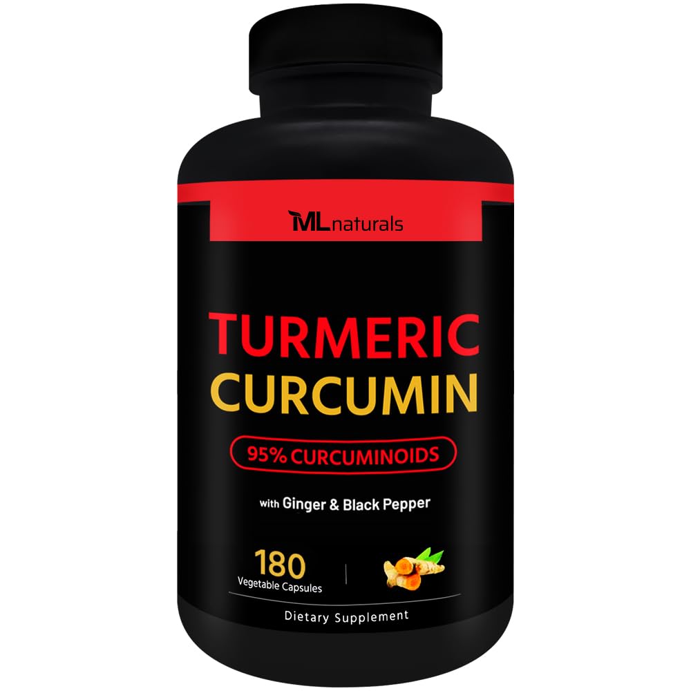 ML Naturals Organic Turmeric Curcumin – 1.800mg, Root Extract 300mg - 120mg Organic Ginger & 15mg Black Pepper (Per Serving) - 180 Gemüsekapseln – Non-GMO
