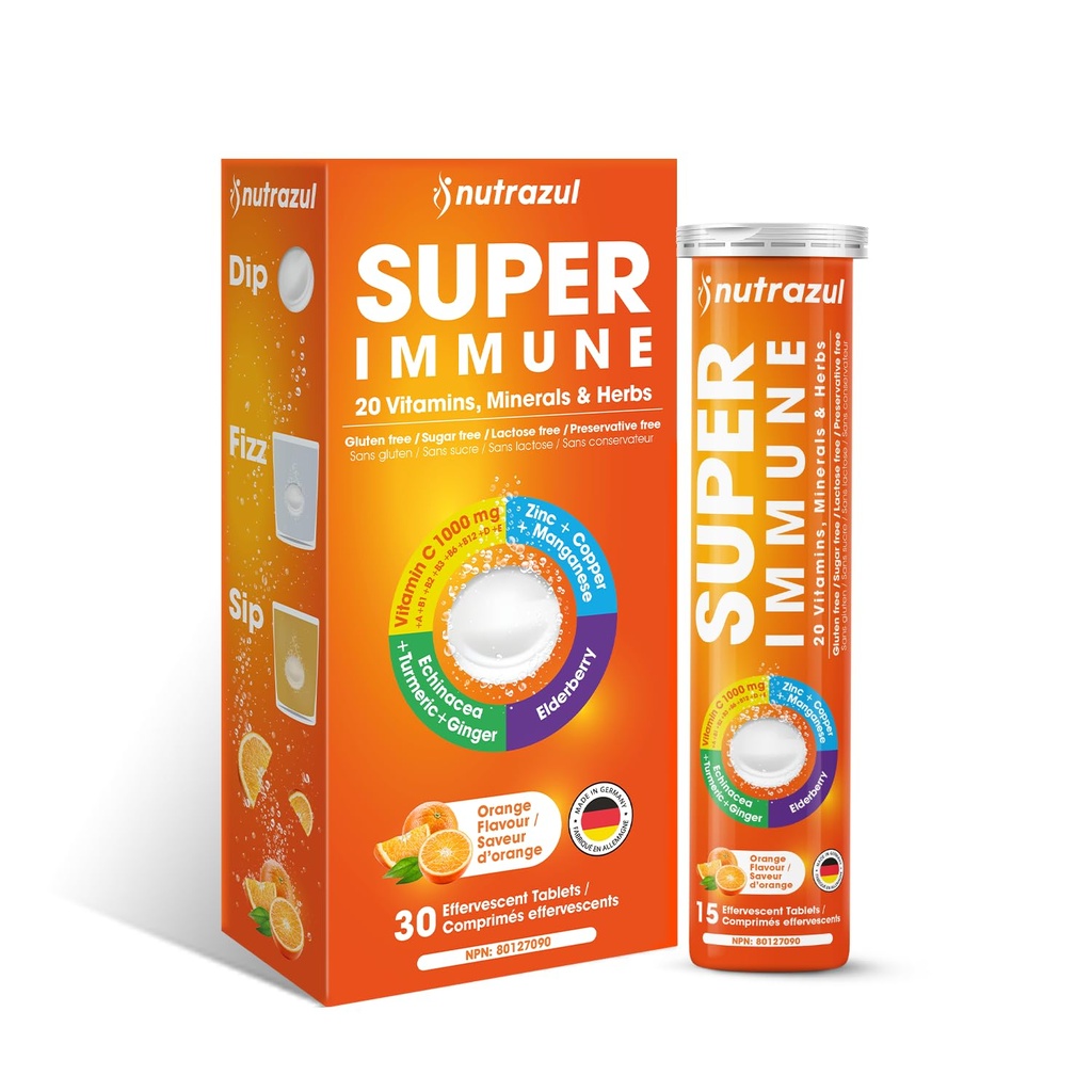 nutrazul Super Immune 30 Tabelle effervescenti, 20 Vitamine & Minerali, Estratti di erbe per sostenere routine quotidiana, vitamina C, zinco, sambuco & Echinacea, senza glutine, senza zucchero, aroma d'arancia