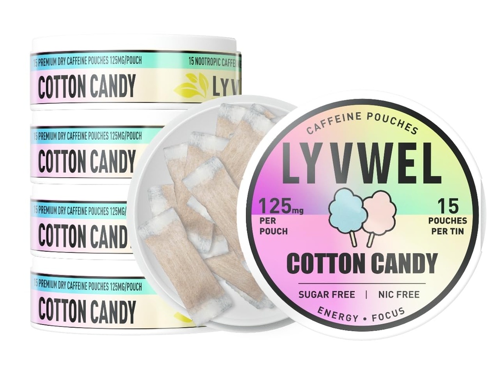 LyvWel 125mg Pouches d'énergie caféine – Énergie propre avec Guarana pour Focus & Stamina – 5-Pack (75 Total Pouches) (5 Pack, Cotton Candy)