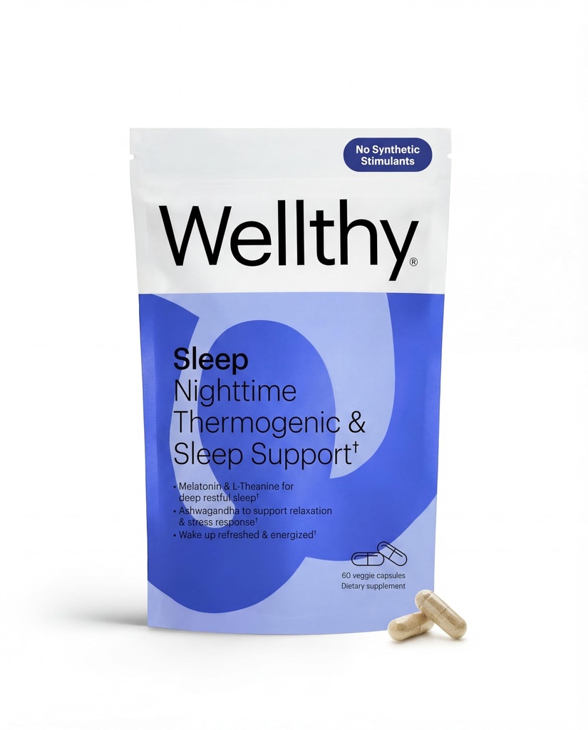 Wellthy Night Time Thermogenic - Vitamina B6, Ashwagandha & Melatonin - Termogenico notturno per le donne - Belly Thermogenic - Integratori naturali per la perdita di peso per le donne, 60ct