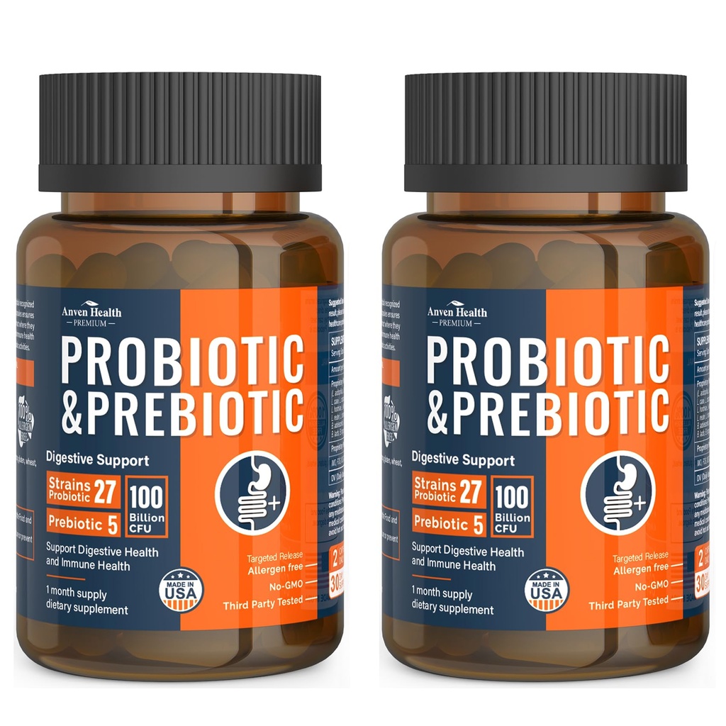 100 miliardi di probiotici per gli uomini e le donne 27 Strains 5 prebiotici organici per la salute digestiva e immunitaria del fegato, supporta la biopsia Gas Bloating, non OGM, Zero Fillers – Made in USA丨120 Caps