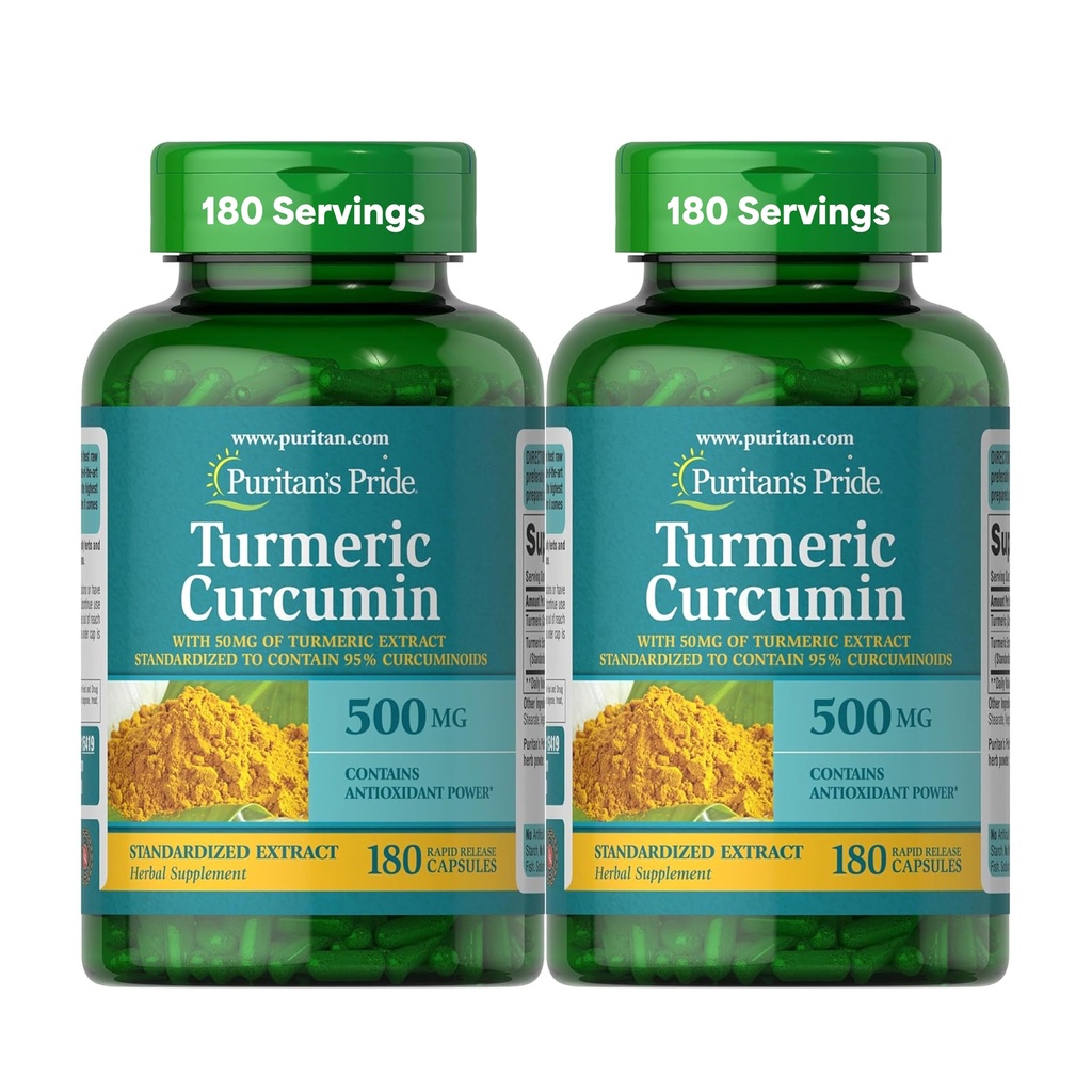 Puritan's Pride curcurico curcumina 500mg, standarized al 95% Cucuminoids, supplemento dietetico per la salute antiossidante, 180 capsule di rilascio Radpid, pacchetto di 2