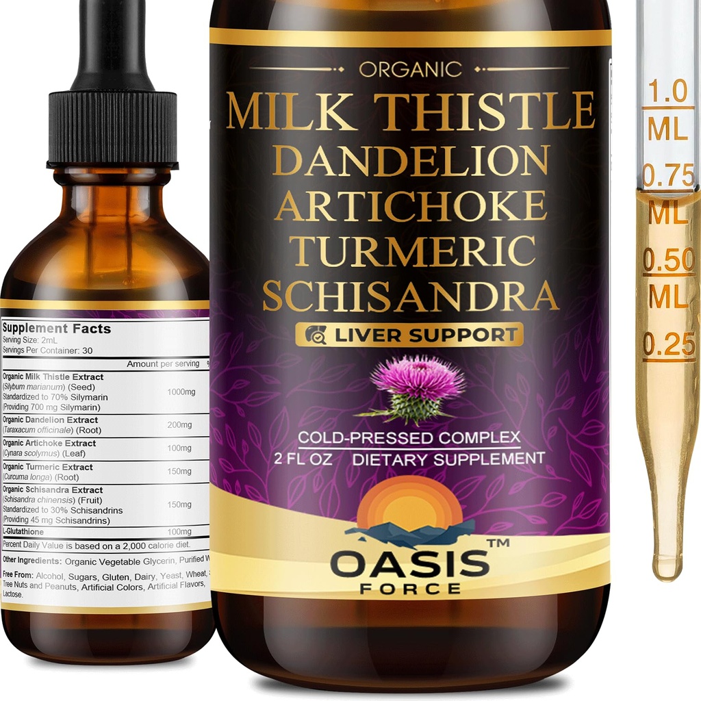 Extrait de chardon de lait biologique liquide pour nettoyer le foie Détox et réparation, silymarin lait de chardon gouttes supplément avec dandelion et artichaut pour le foie support, végétalien, sans alcool, 2 FL OZ