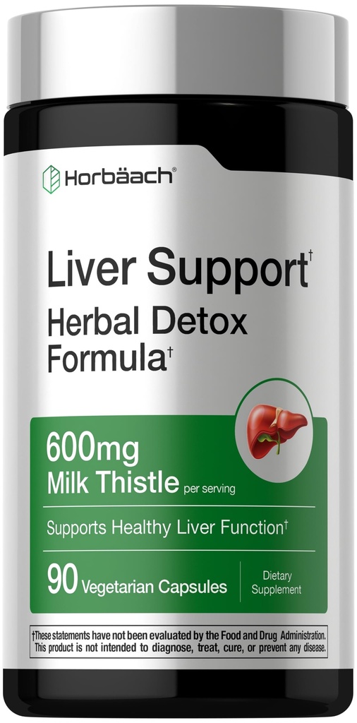 Horbäach Liver Support | 600 mg Milk Thistle | 90 capsule vegetariane | Formula di disintossicazione di erbe | Non-GMO, Gluten Free