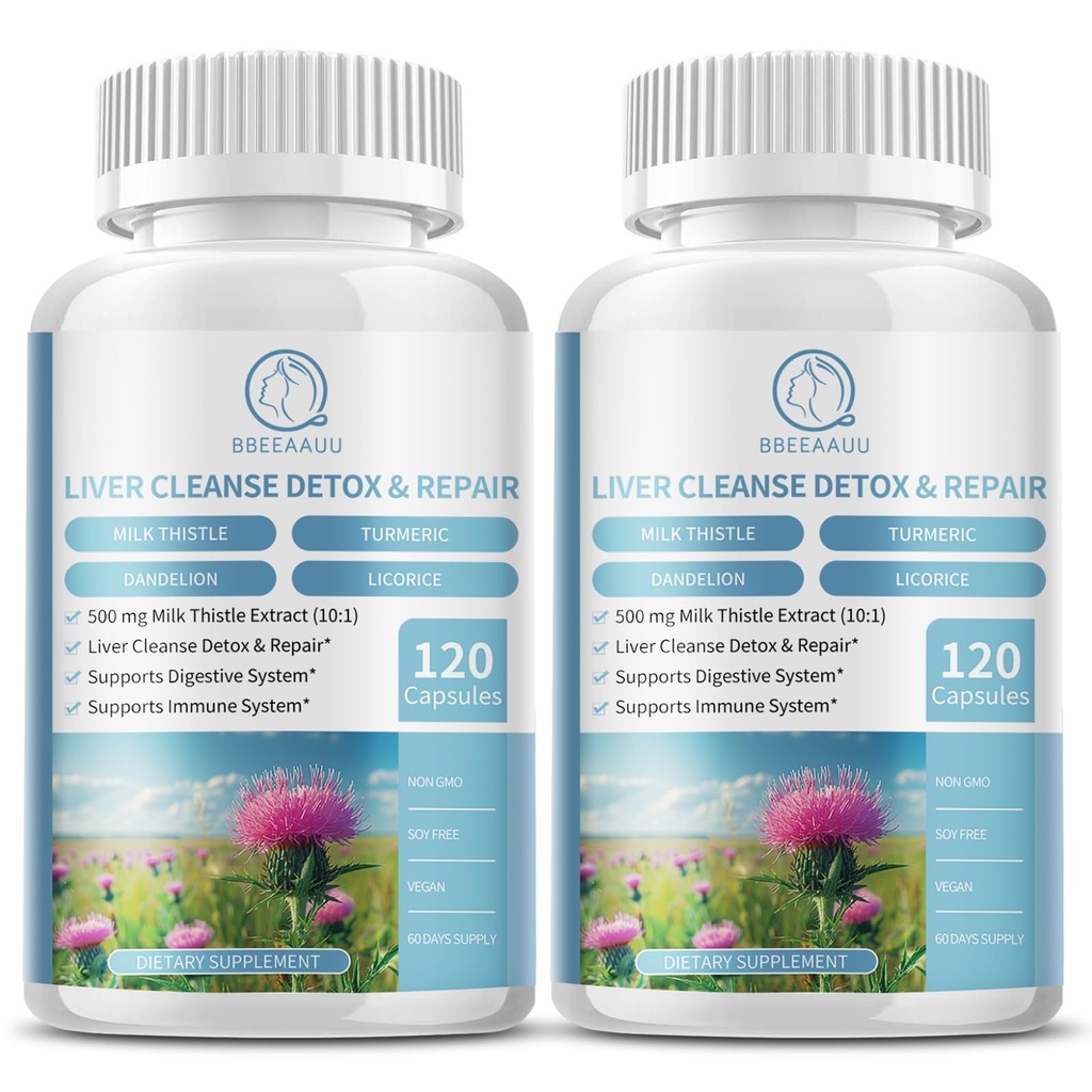 (2 Pack) Capsules de supplément de chardon de lait, formule de santé du foie, avec racine de dandelion, 10:1 Extrait, pour le nettoyage du foie de la détox support, système digestif et immunitaire, 240 Compte