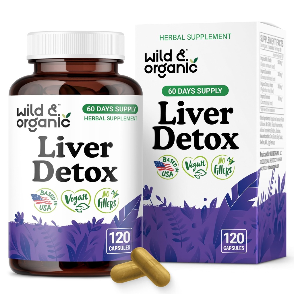 Wild & Organic Liver Detox Capsules - Latte Thistle, Radice di Dandelion, Supporto per la pulizia del fegato currico - Integratore di cardine del latte di Silymarin - 120 Capsule Vegan - Alimentazione 2 mesi - Non OGM