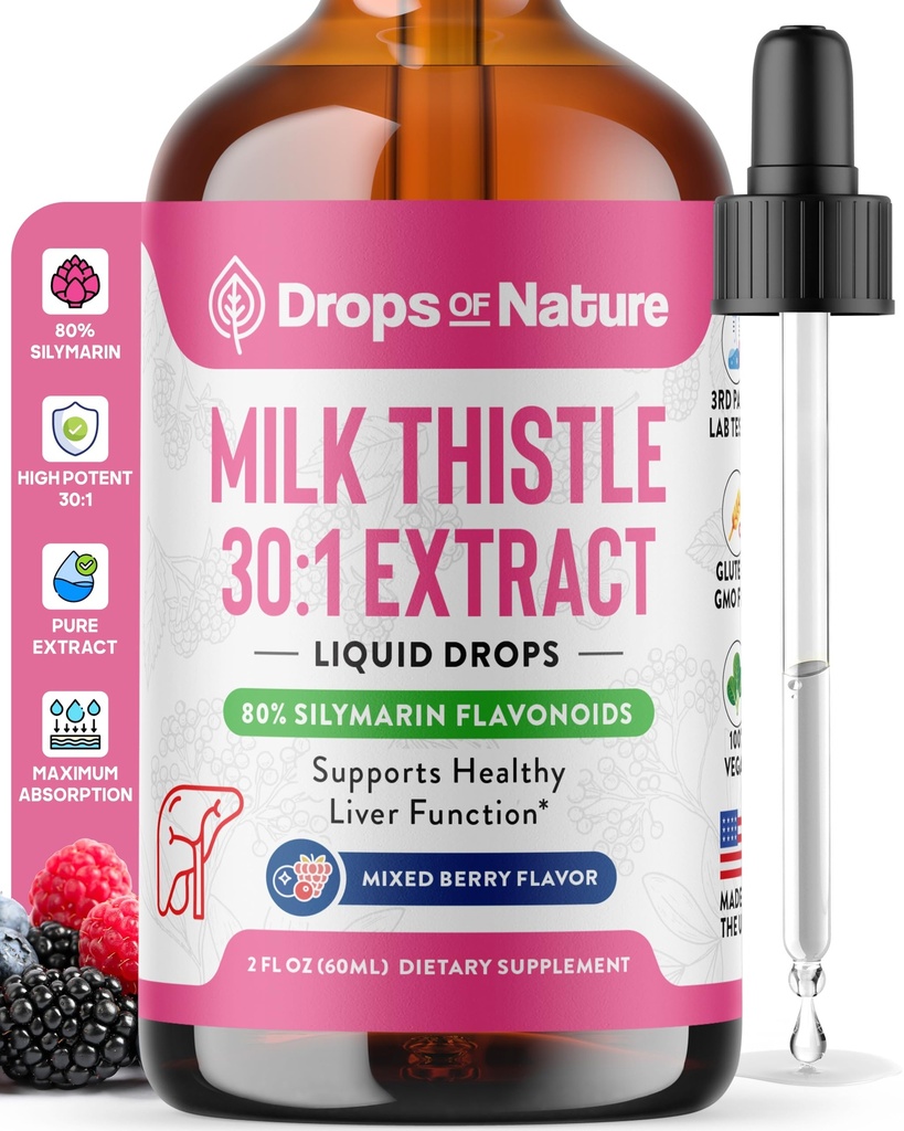 Gocce di cardo al latte con 80% Silymarin Flavonoids – Vegan, Non OGM, Fast-Absorbing – Facilmente Mescolare con Bevande – Integratore di cardo al latte per fegato, Cura Immune e Supporto Antiossidante (Mixed Berry, 60 mL)