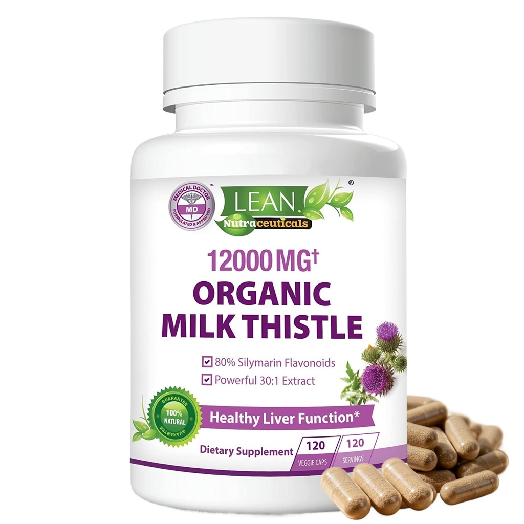 Lait Thistle Foie Nettoyant Détox & Support de réparation Supplément biologique, 12000 Mg 120 Jour 30X Extrait de graines avec Silymarin, MD Super Ultra Herbal Rein Lung Renew Aid Health Formula Pills, 120 Capsules