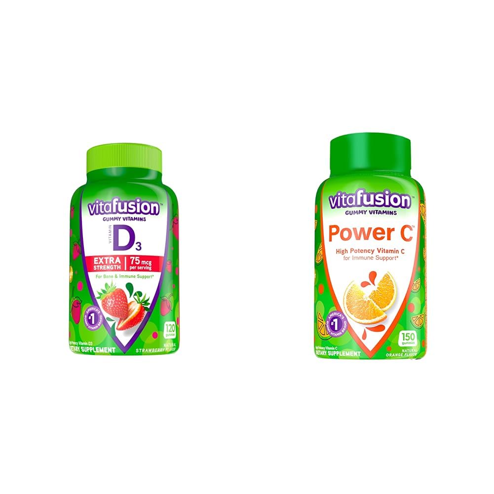 Vitafusion Extra Strength Vitamine D3 Gommy & Power C Gommy Vitamine C pour le soutien immunitaire, Aromatisé orange, 282 mg Vitamine C, Amérique, Numéro 1 Marque Vitamine Gommy, 50 Jours d'approvisionnement, 150 Compte