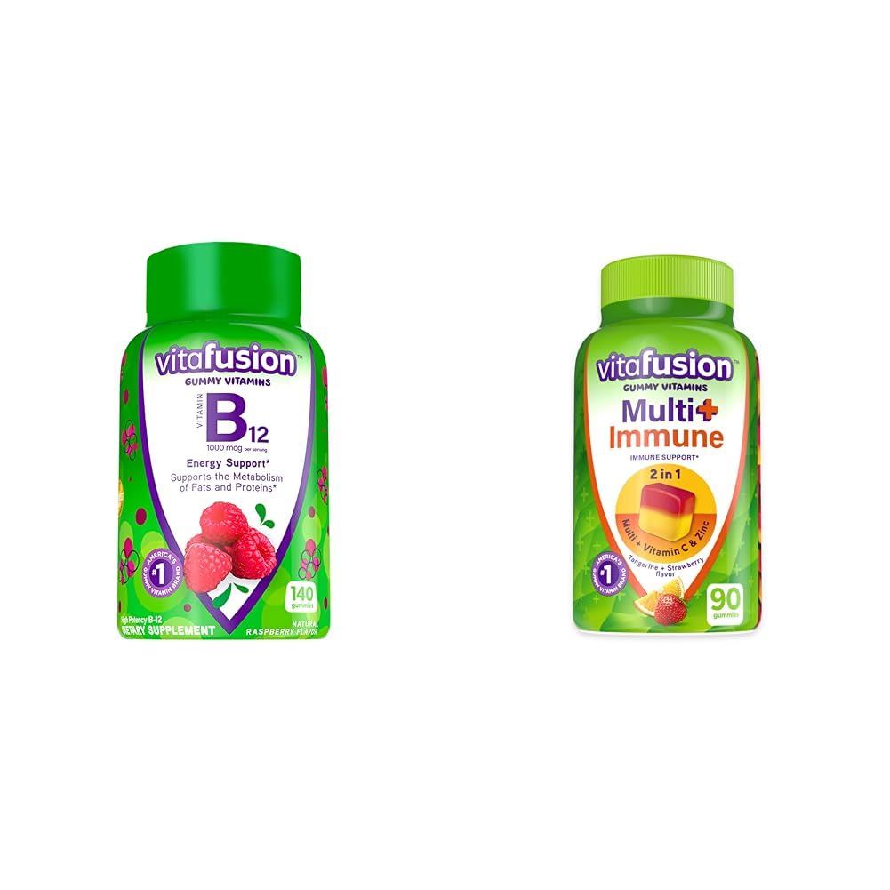 Vitafusion Vitamin B12 für Energiemetabolismus, Multivitamin Plus Immunstützgummis mit Vitamin C, Zink - 140 + 90 Zähler