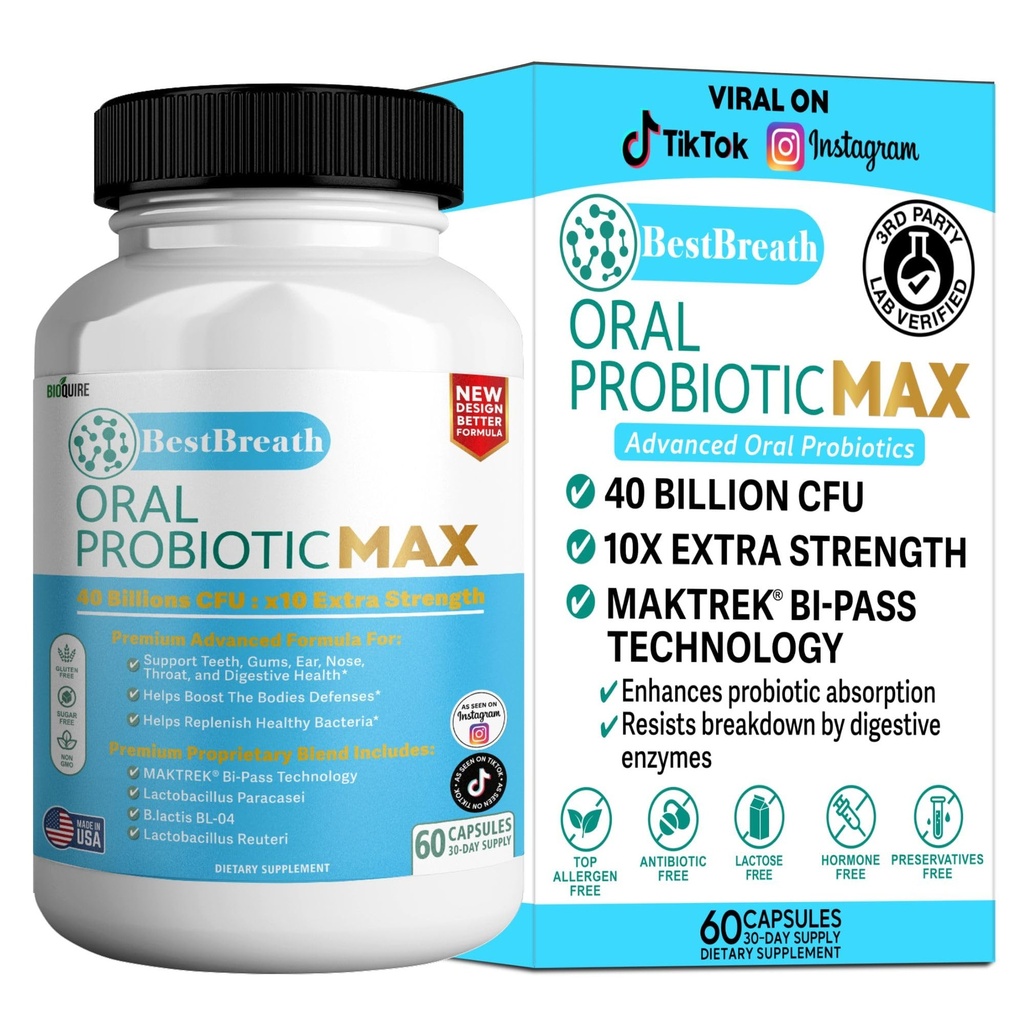 BestBreath Oral Probiotic MAX - 40 Billion CFU - Unterstützung für Zähne, Gums, Ohr, Nase, Throat & Digestive Health - 60 Kapseln (1)