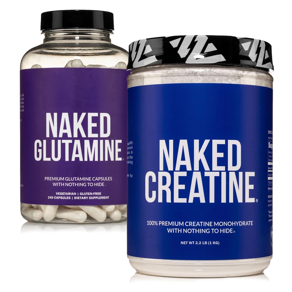 NAKED Pure Micronized Creatine Monohydrate 200 Servierungen + Pure L-Glutamin 240 Kapseln Bundle: Vegan, Non-GMO, Glutenfrei. Minimieren Sie Muskel Breakdown & Verbessern Proteinsynthese. Nichts Künstliches