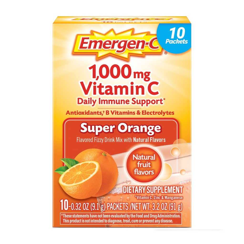 Emergen-C 1000mg Vitamin C Pulver für tägliche Immununterstützung Koffeinfreie Vitamin C Ergänzungen mit Zink und Mangan, B Vitamine und Elektrolyte, Super Orange Flavor - 10 Zähler