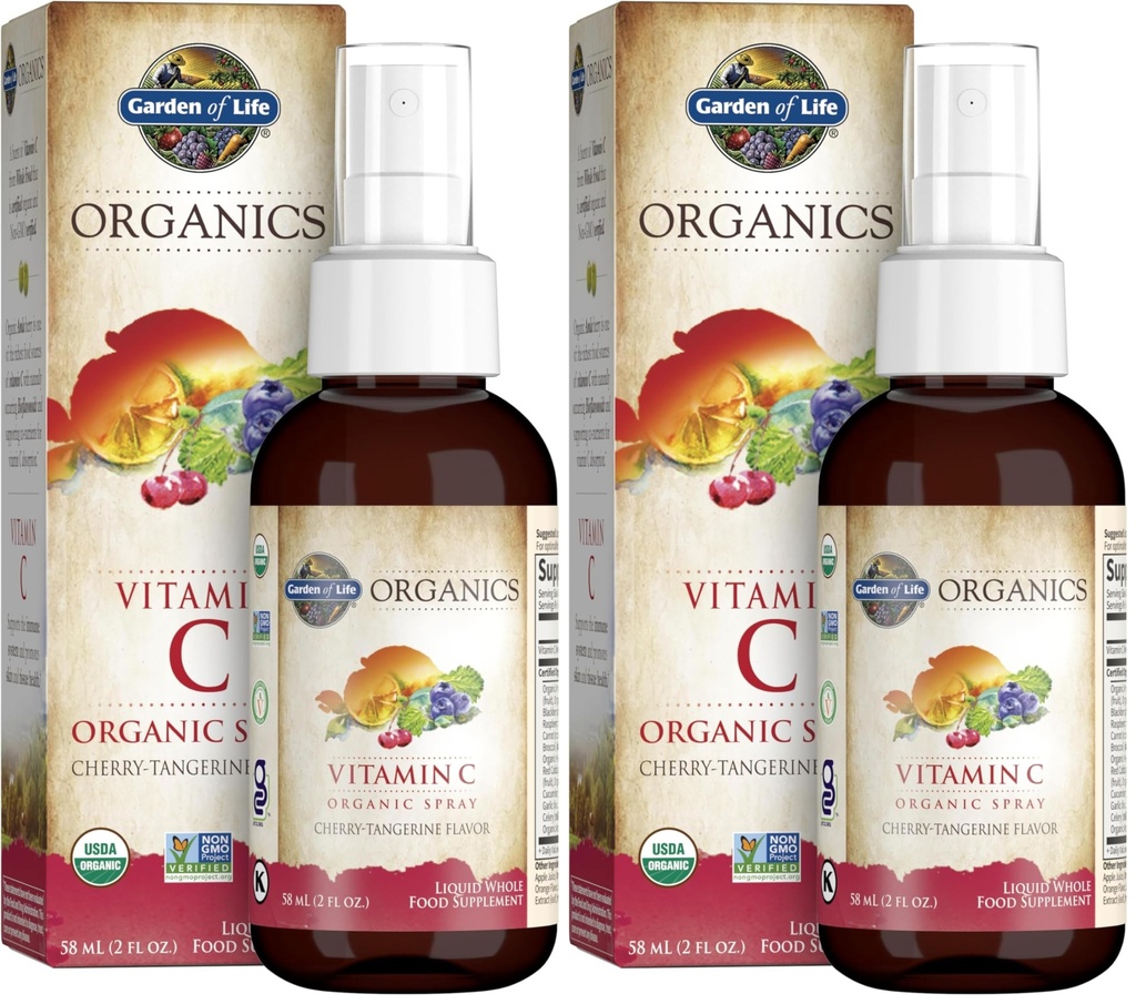 Garden of Life Organics Vitamin C Spray for Kids and Adults - Cherry Tangerine,Vitamin C Supplement,Antioxidant for Immune Support and Skin Health,2 fl oz Liquid Drops,(Pack of 2)