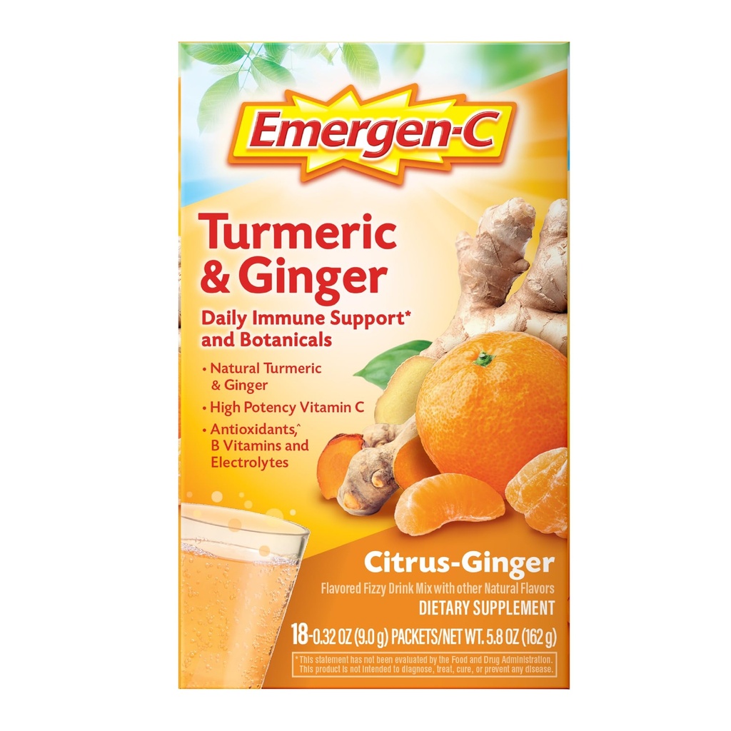 Emergen-C Citrus-Ginger Fizzy Drink Mix, Turmeric et Ginger, Immune Support, Saveurs naturelles avec Vitamine C de haute puissance, 18 Compte
