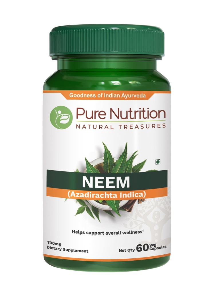 Pure Nutrition Neem 700 mg per Capsule | 60 Capsules | Neem Leaf Extract & Bark Powder Blend | Non-GMO | Gluten-Free | 60-Day Supply Herbal Supplement